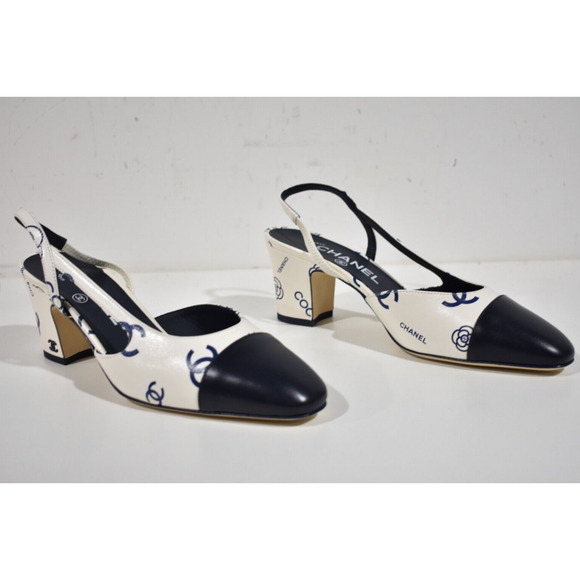 Chanel 23P Mademoiselle Coco Sling White Blue CC Logo Slingback Sandal Heel 37 - Picture 3 of 10